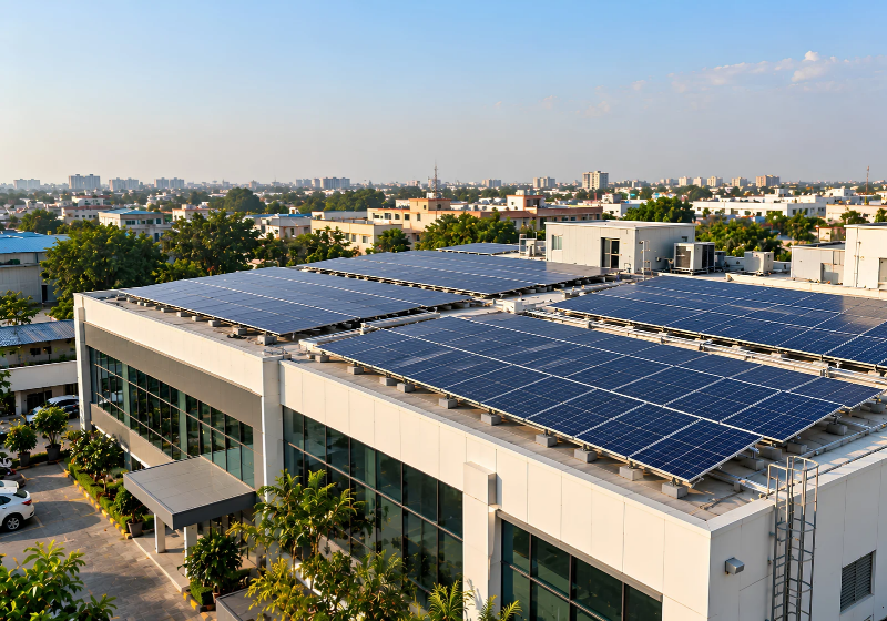 Commercial building with rooftop solar panels